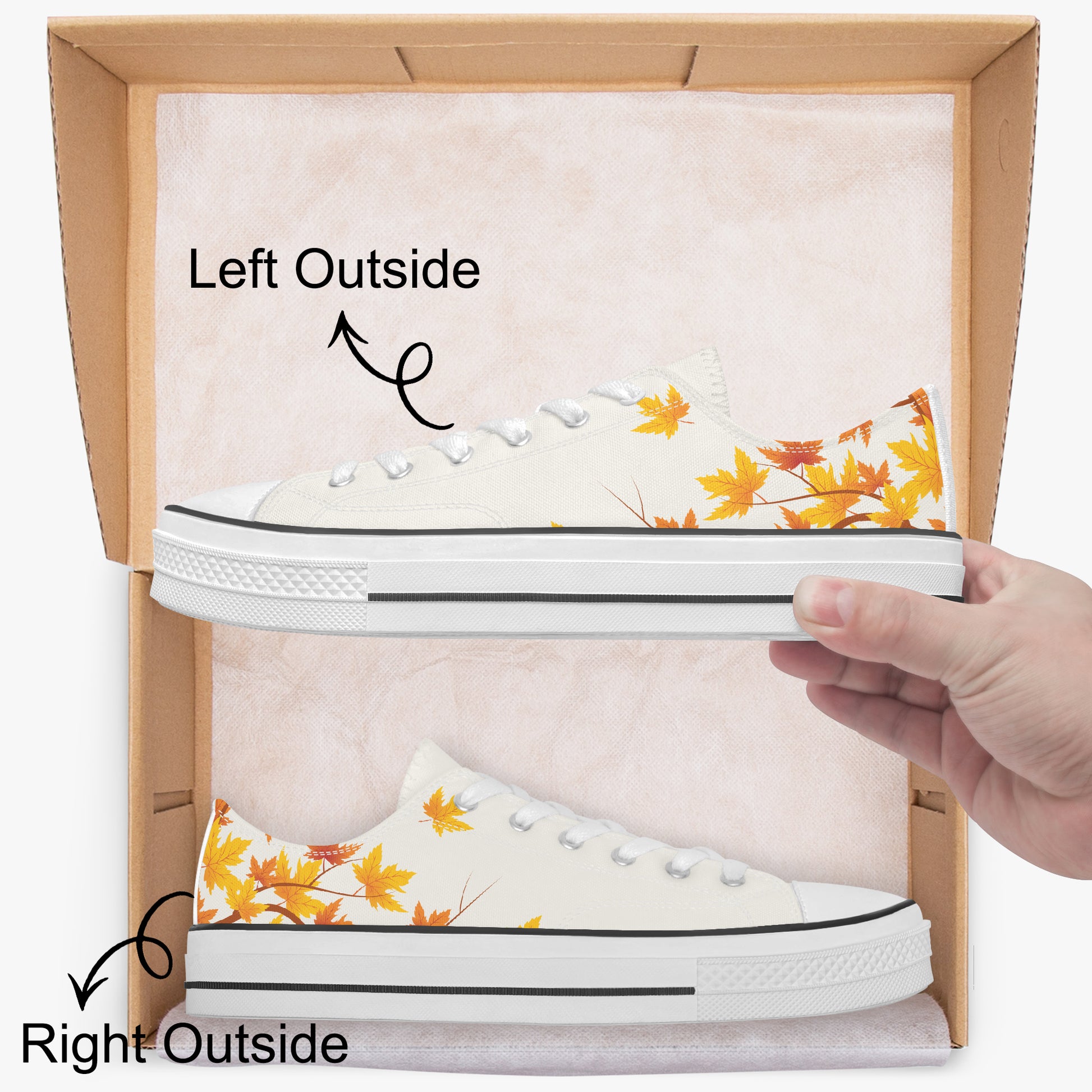 A pair of low-top canvas sneakers shown inside an open cardboard shoebox, with a hand holding one shoe. Black text labels indicate the left outside and right outside views, with arrows pointing to the shoe upper and side.