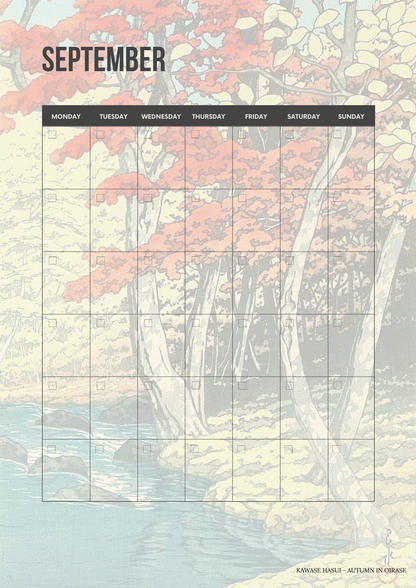 September calendar with a nature-themed design featuring trees and water. Printable monthly calendar page featuring a classic Ukiyo-e Japanese woodblock print background.