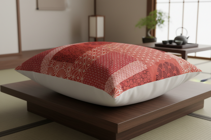 A square decorative floor pillow with a red and pink patchwork Japanese-style pattern, resting on a dark wooden low table in a traditional Japanese room.
