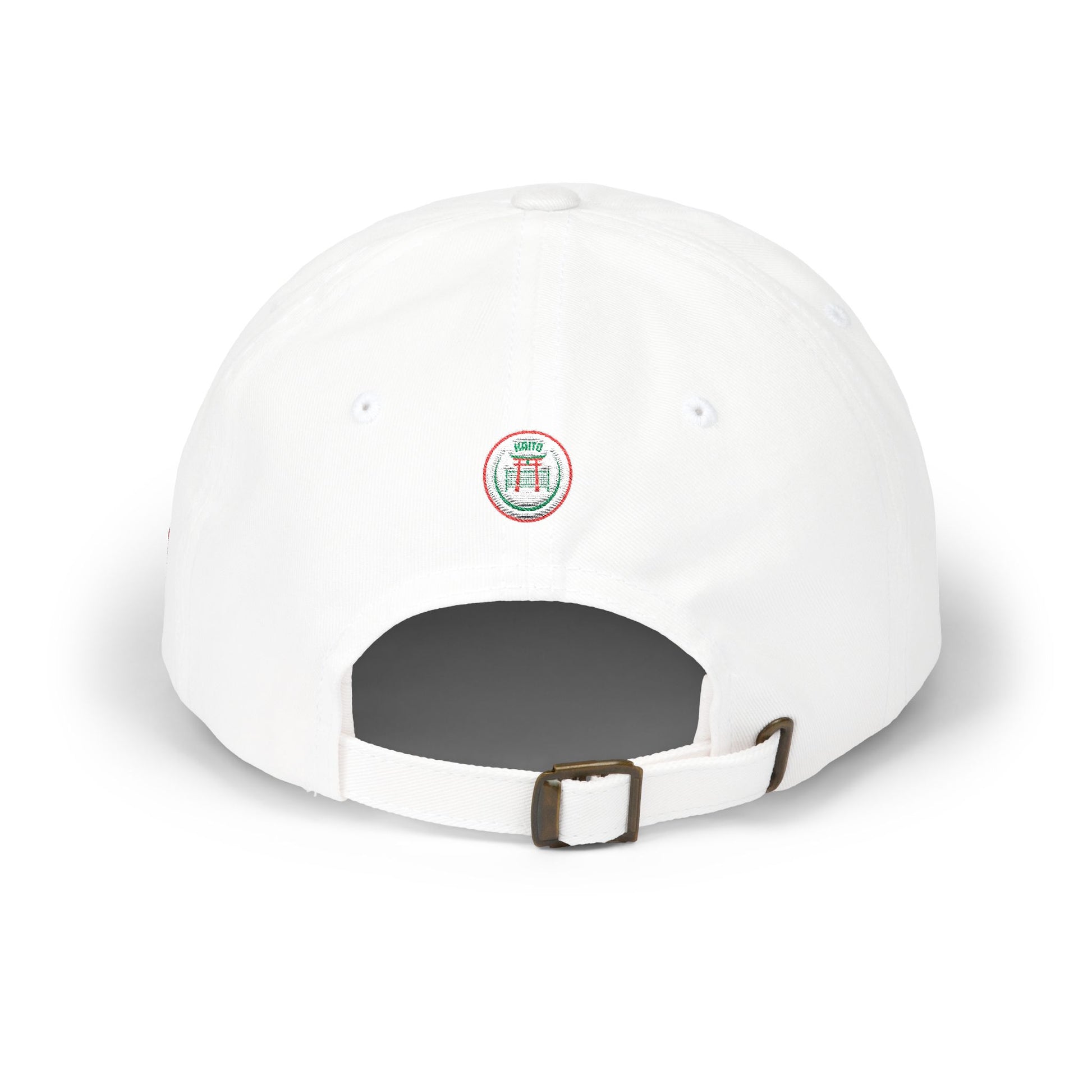 White cap with a logo on the front and a brown buckle on a white background