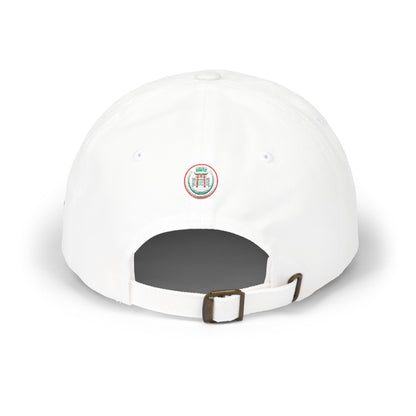 White cap with a logo on the front and a brown buckle on a white background