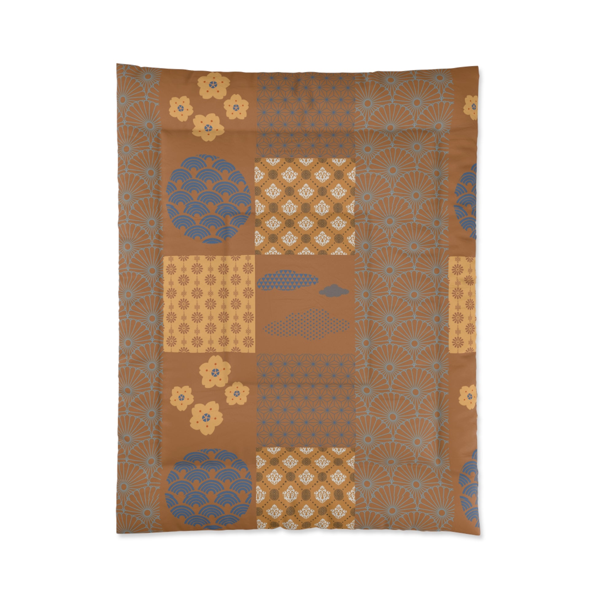 Patterned fabric with geometric and floral designs on a white background