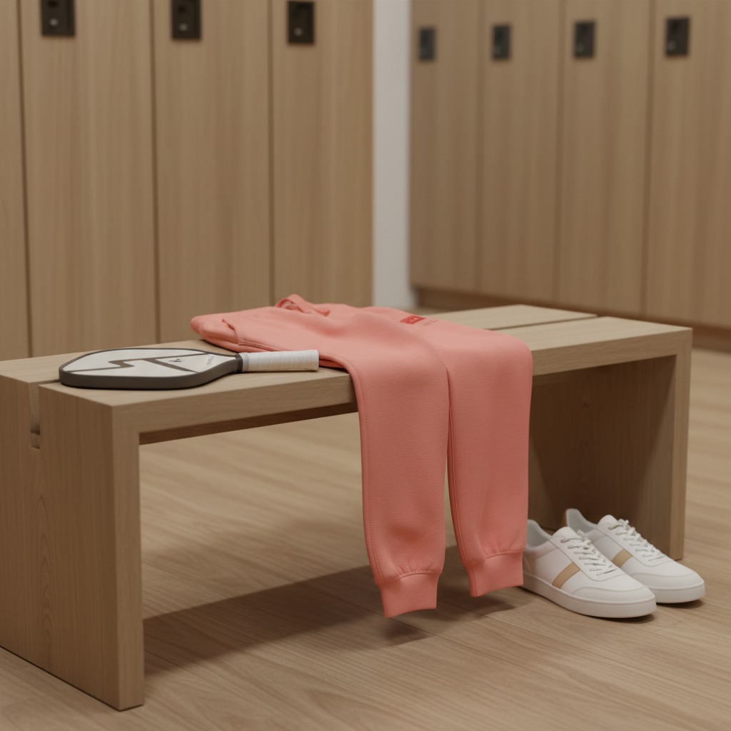 Pink sweatpants and white sneakers on a wooden bench in a locker room.