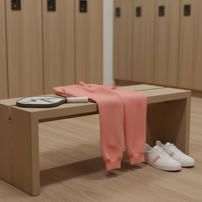 Pink sweatpants and white sneakers on a wooden bench in a locker room.