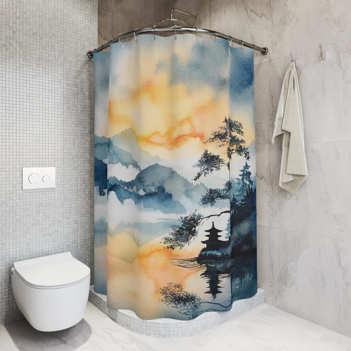 A curved shower curtain with a watercolor-style landscape print featuring blue mountains, trees, and a pagoda over a reflective lake, shown hanging in a modern gray tiled bathroom next to a toilet and towel.