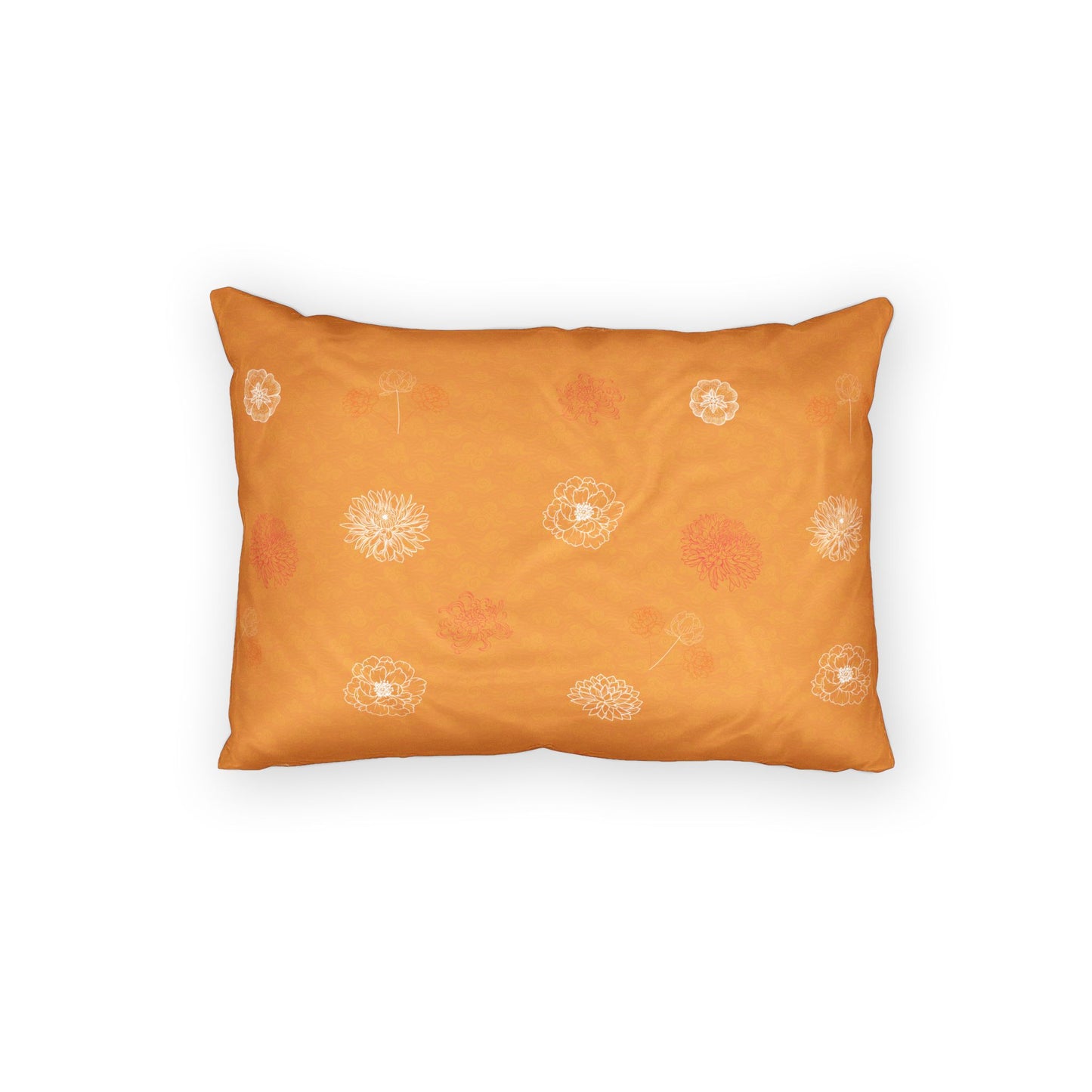 An orange rectangular pillowcase featuring a dandelion pattern in white and muted orange, shown against a plain white background.