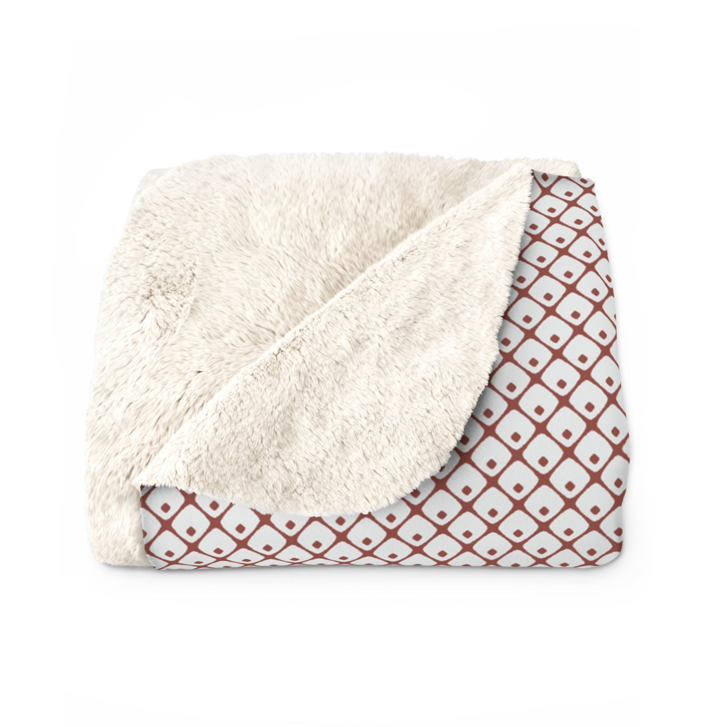 Folded blanket with white sherpa side and gray back on a white background