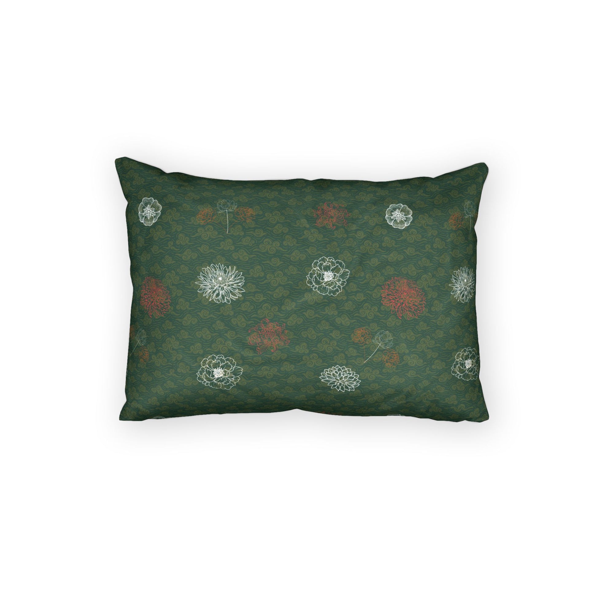 A rectangular throw pillow with a dark green damask pattern and scattered white and muted red floral motifs, shown against a plain white background.
