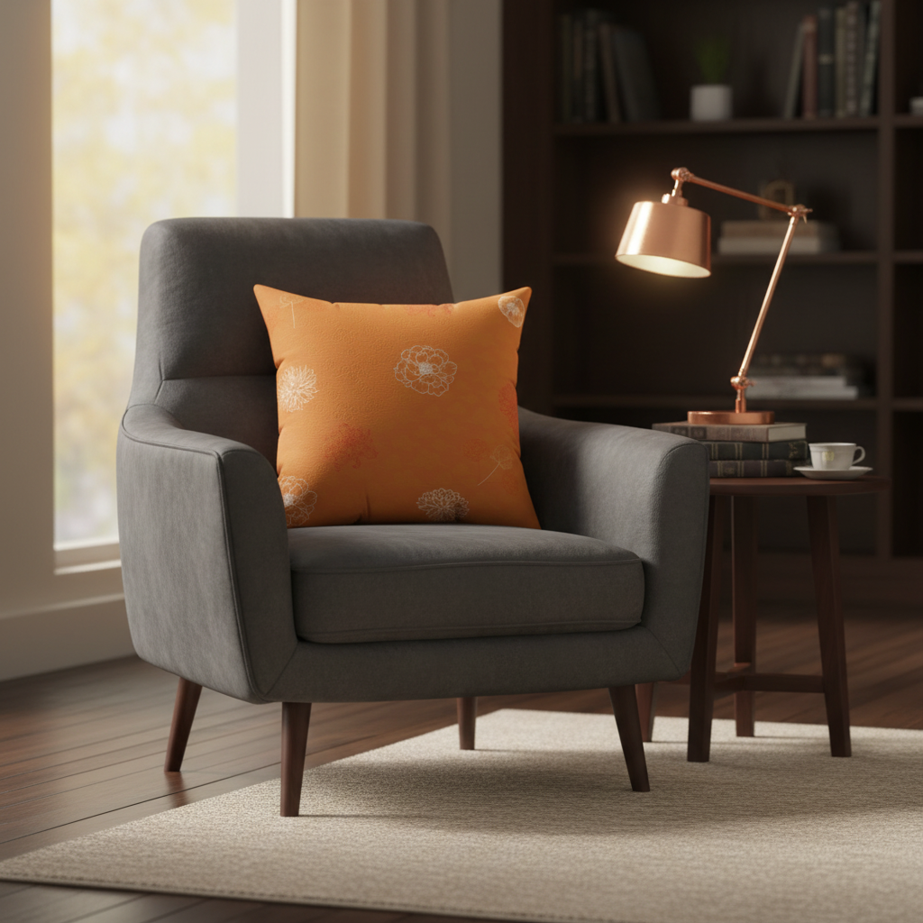 Gray armchair with an orange pillow in a cozy living room setting.