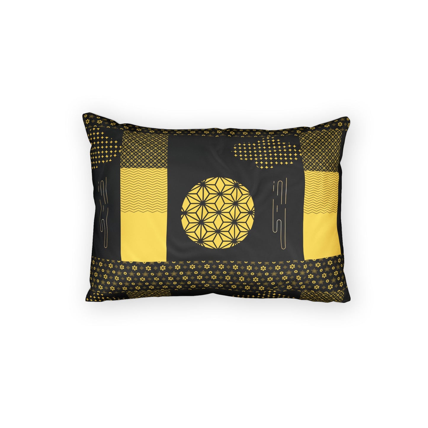 A rectangular decorative throw pillow with a black and yellow geometric patchwork design, featuring a central flower-of-life motif, shown against a plain white background.