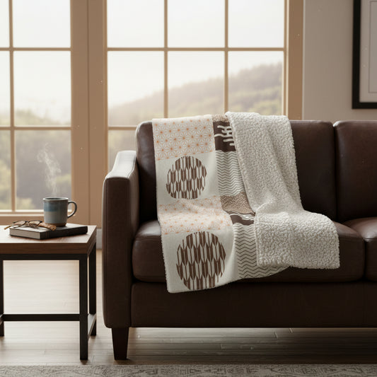 Patchwork patterned blanket with geometric designs on a white background