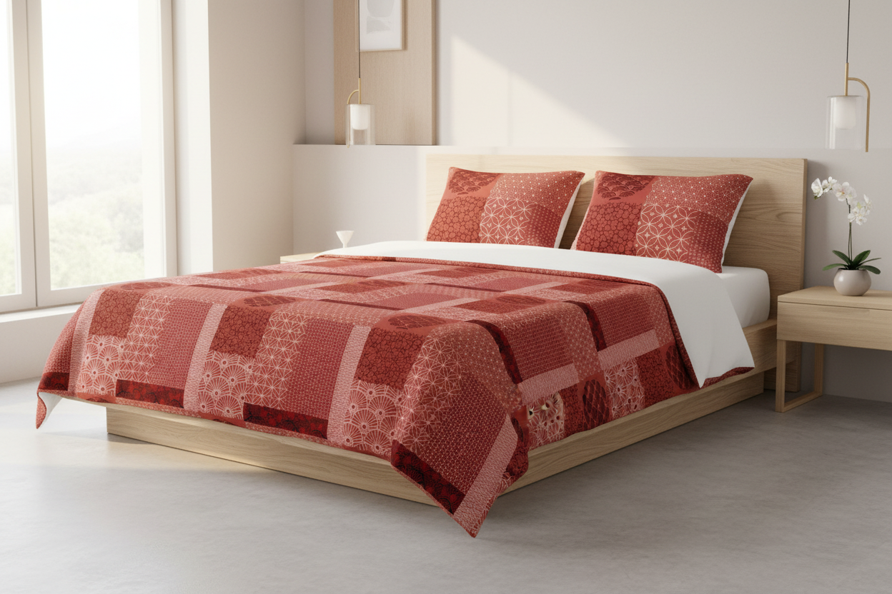 A bed dressed in a red and orange patchwork quilt and matching pillows, set in a modern bedroom with a light wood platform bed frame, white walls, and a window.