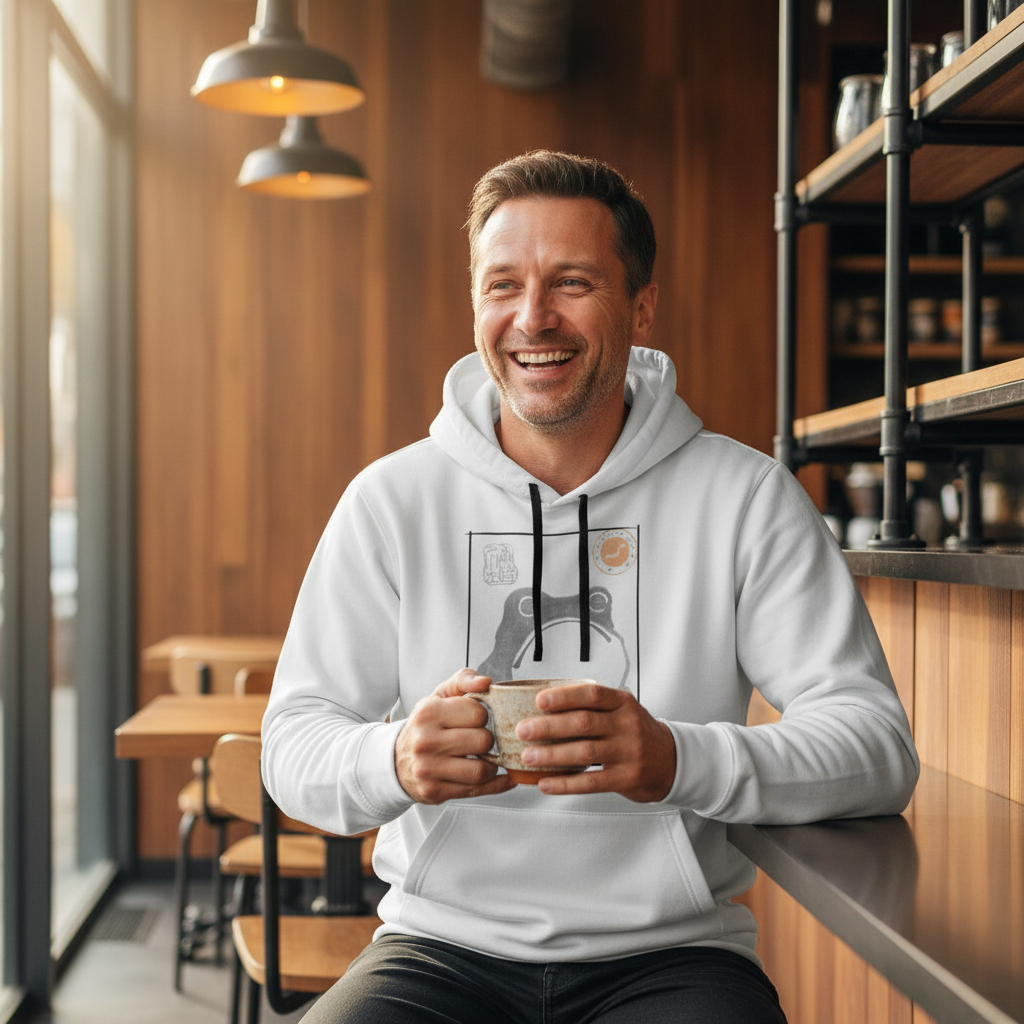 Man in a white hoodie holding a cup in a cozy cafe setting