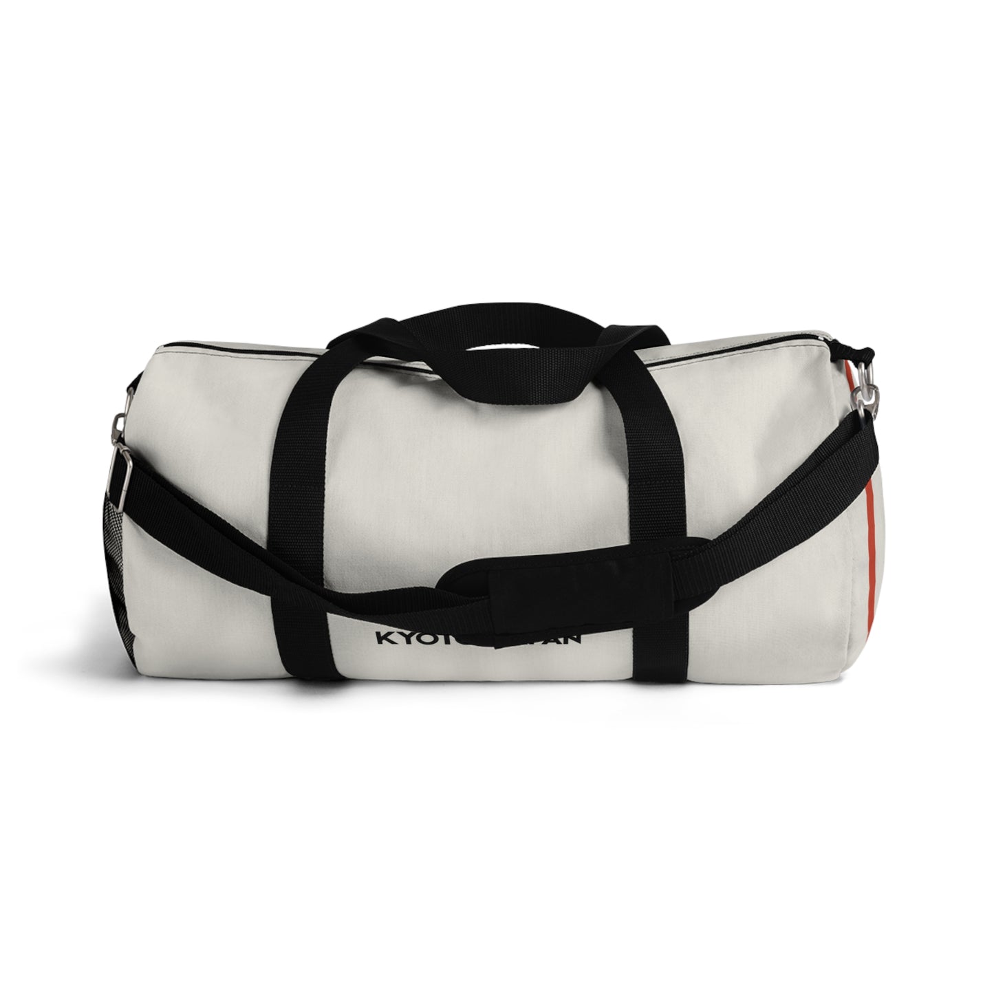 White duffel bag with black straps on a white background