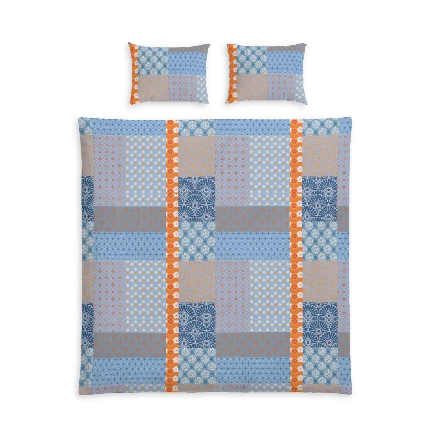 A bedding set featuring a patchwork quilt and two matching pillowcases with a blue, gray, beige, and orange geometric pattern on a white background.