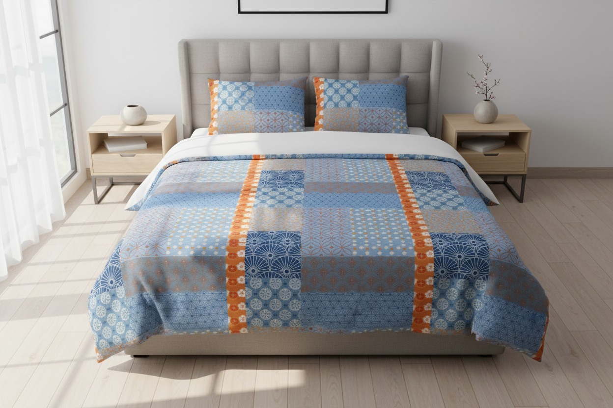 A bed dressed in a patchwork-style blue and gray patterned comforter with two matching pillow shams, styled in a bright bedroom with light wood nightstands and a gray upholstered headboard.