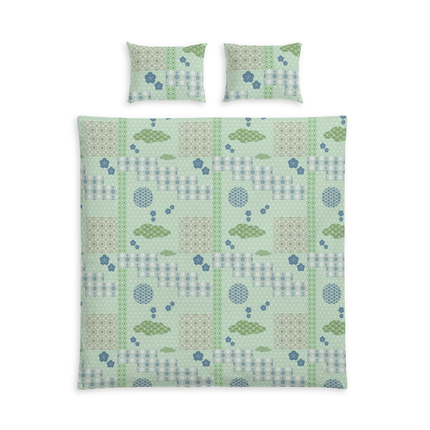 A bedding set featuring a duvet cover and two matching pillowcases with a patchwork-style geometric pattern in sage green, light blue, and beige on a white background.