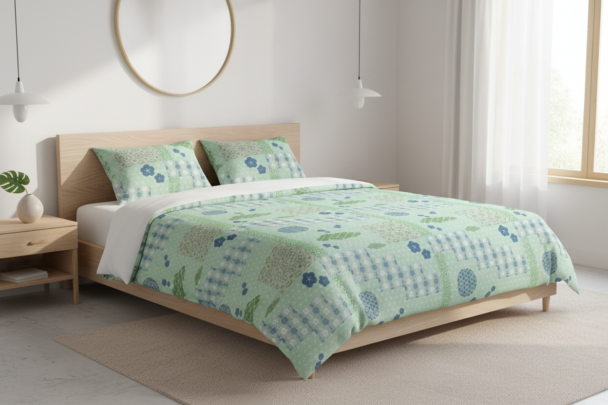 A light wood bed frame dressed with a mint green patchwork quilt featuring blue floral and gingham patterns, styled in a bright, modern bedroom.