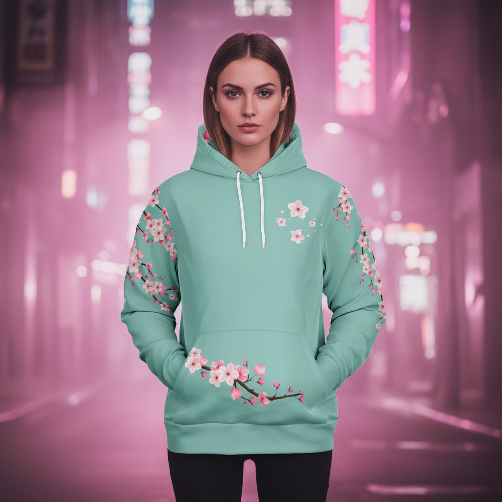 Woman wearing a teal hoodie with floral designs in an urban setting