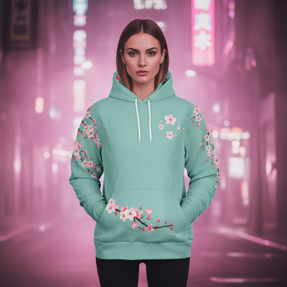 Woman wearing a teal hoodie with floral designs in an urban setting