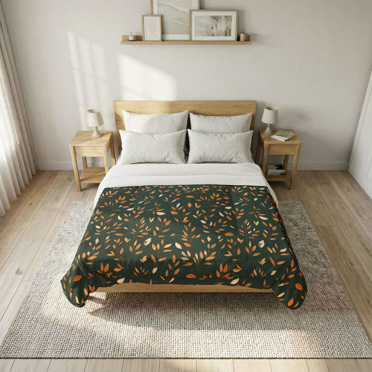 Bedroom with a wooden bed and patterned blanket
