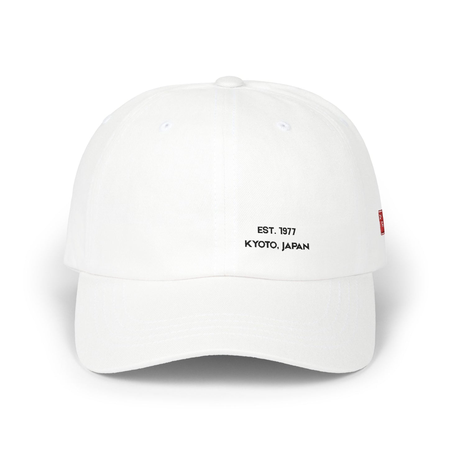 White cap with text on a white background