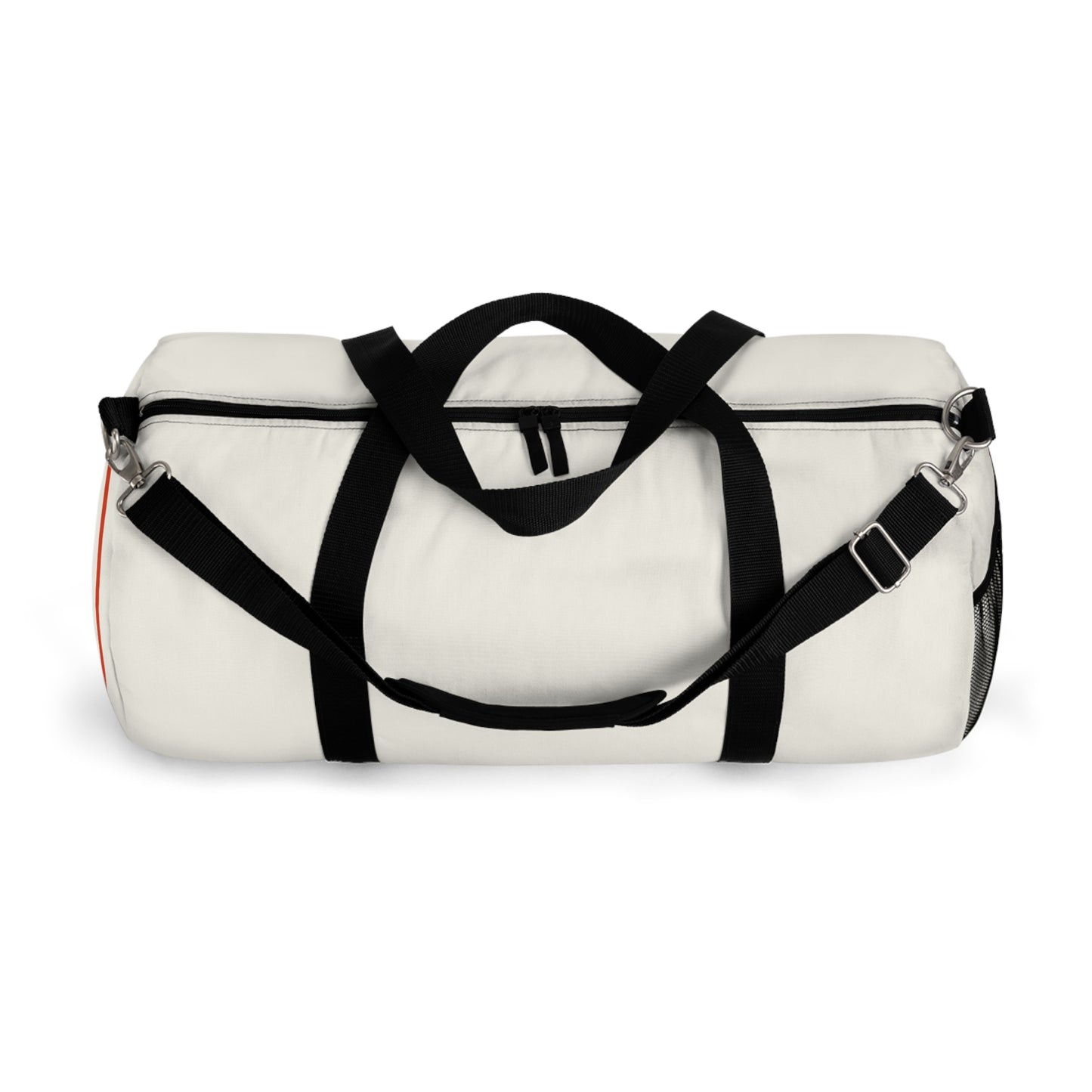 White duffel bag with black straps and a logo on a white background