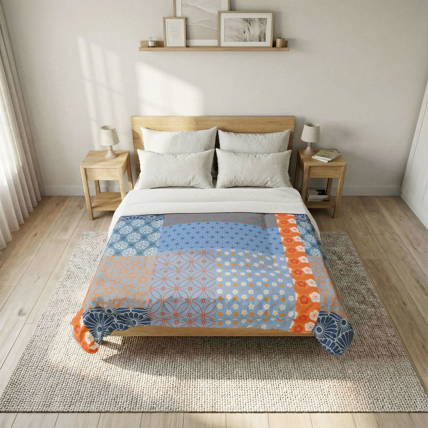 Bed with a colorful quilt in a bedroom setting. Heritage Cotton