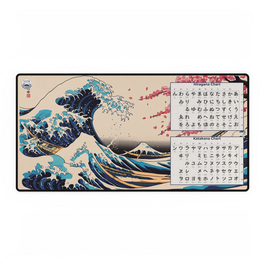 Mouse pad with wave design and Japanese text on a white background