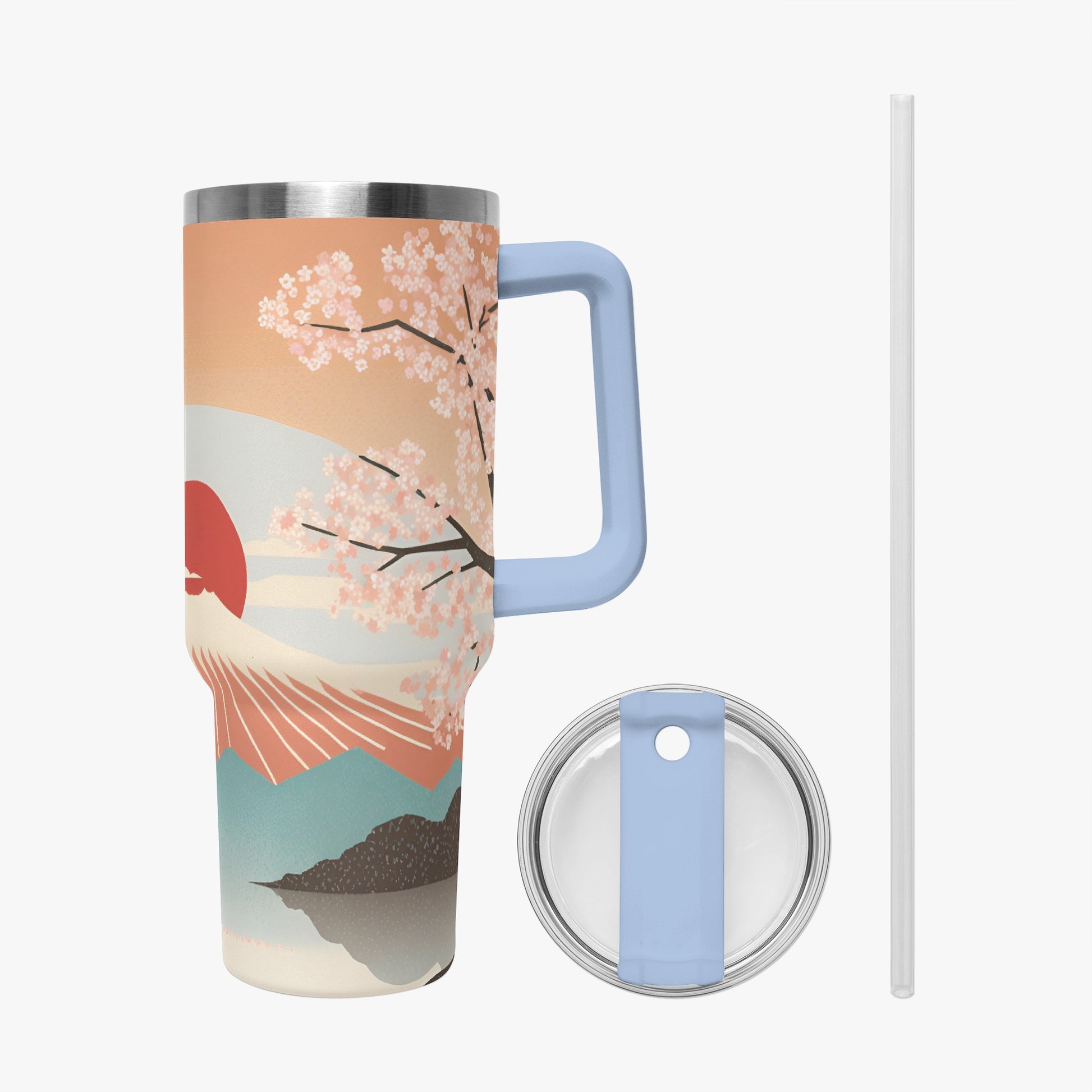 Sunrise Temple Car Tumbler Cup light blue Handle