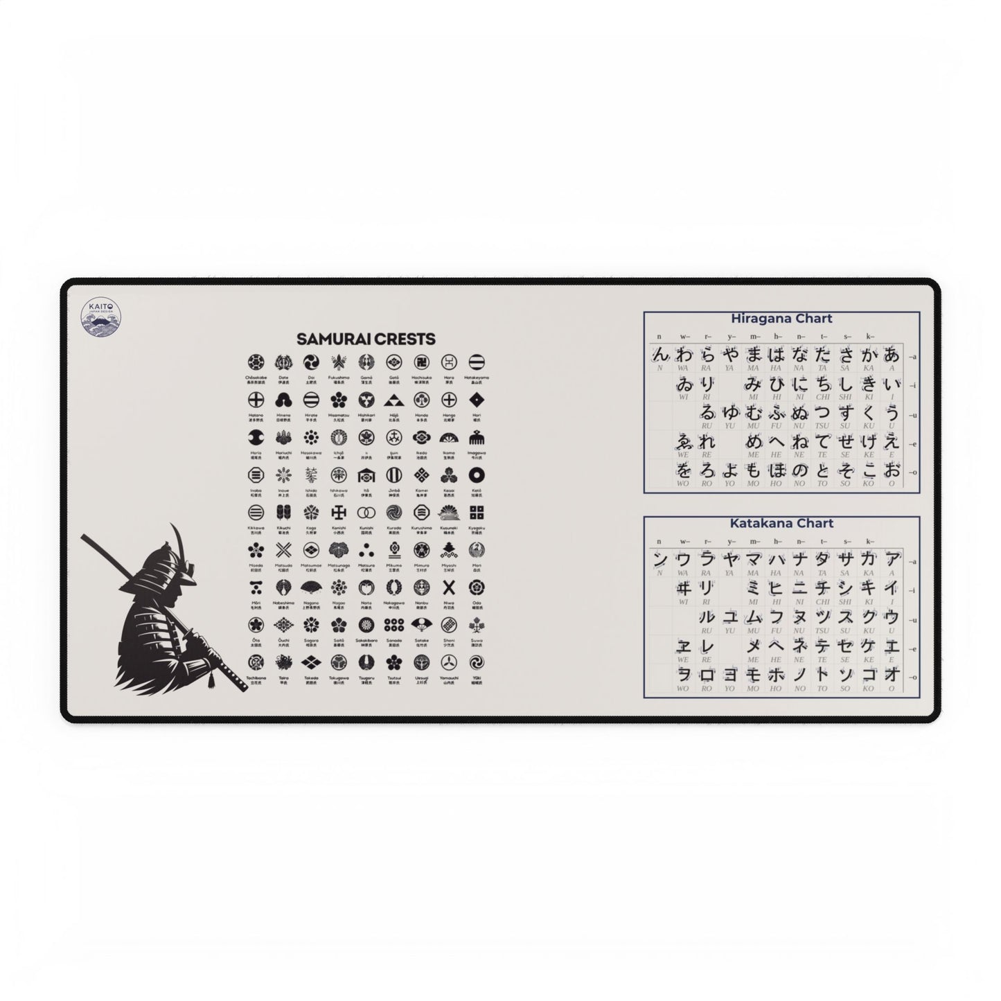 Long mouse pad with Samurai crests and Japanese characters on a white background