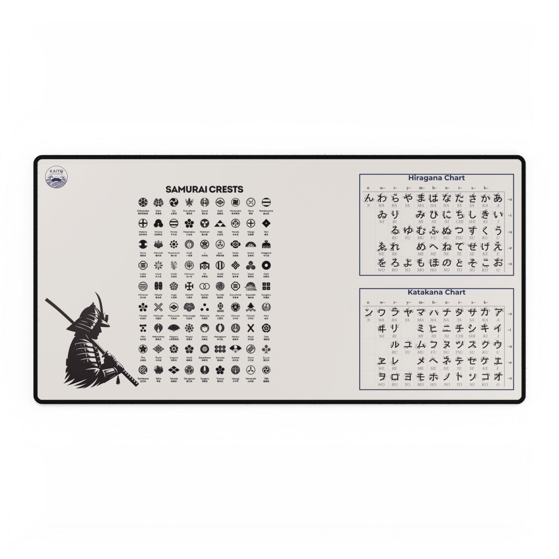 Long mouse pad with Samurai crests and Japanese characters on a white background