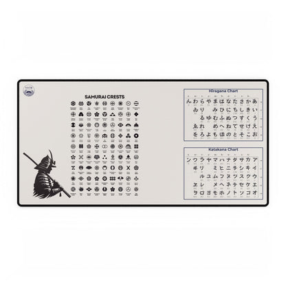 Long mouse pad with Samurai crests and Japanese characters on a white background