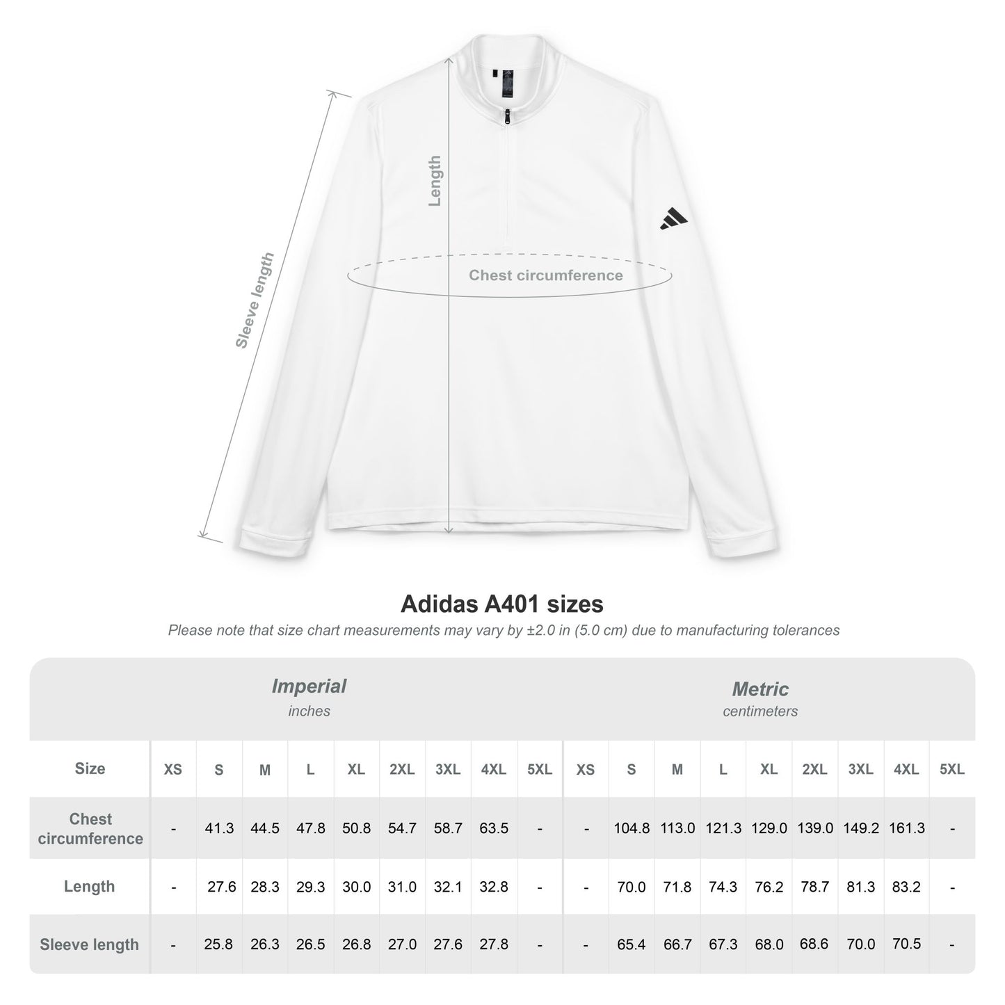 White Adidas jacket with size chart measurements on a white background
