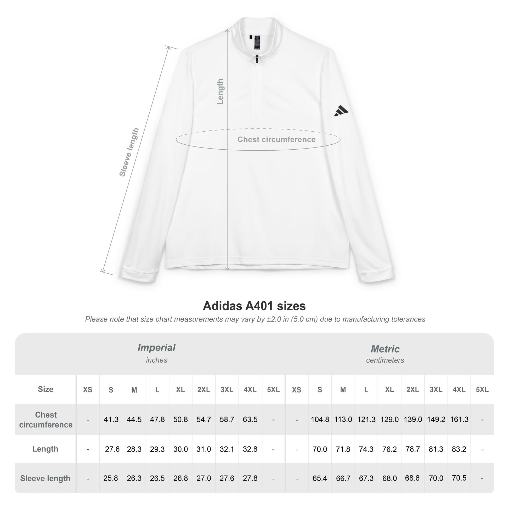 White Adidas jacket with size chart measurements on a white background