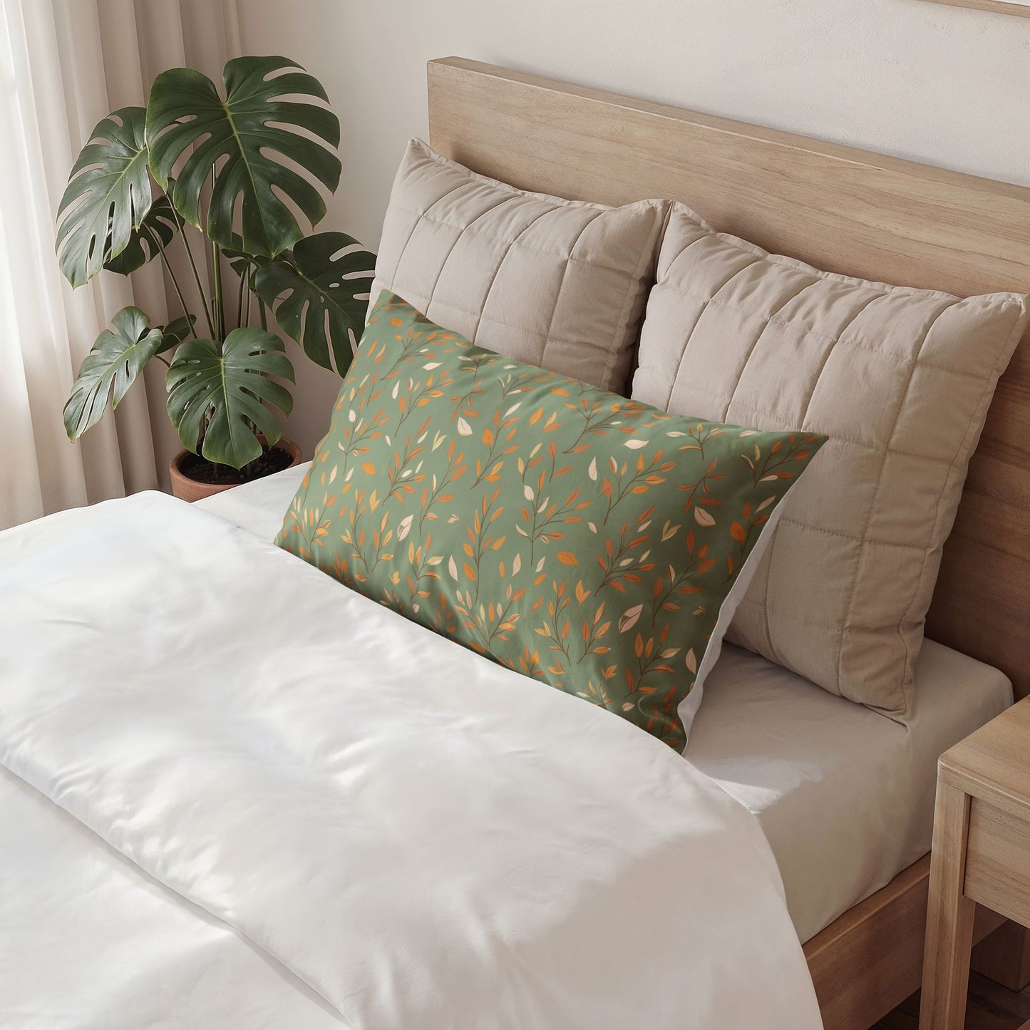A green rectangular decorative pillow with a leaf pattern, styled on a bed with white bedding and beige pillows next to a wooden headboard and a potted monstera plant.