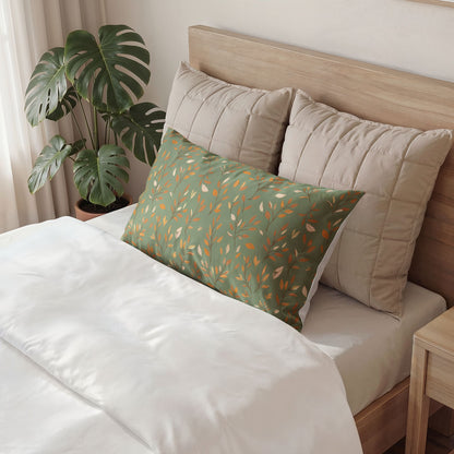 A green rectangular decorative pillow with a leaf pattern, styled on a bed with white bedding and beige pillows next to a wooden headboard and a potted monstera plant.