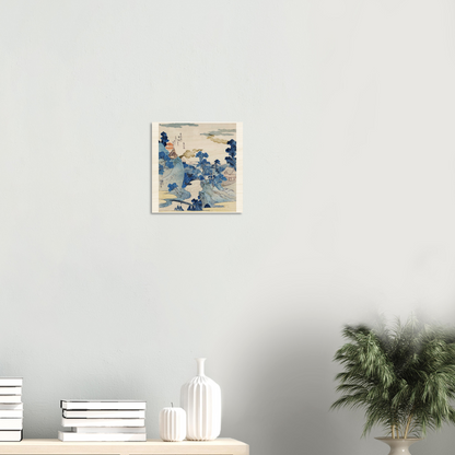 Framed artwork of a woman's face on a wall above a console table with decorative items.