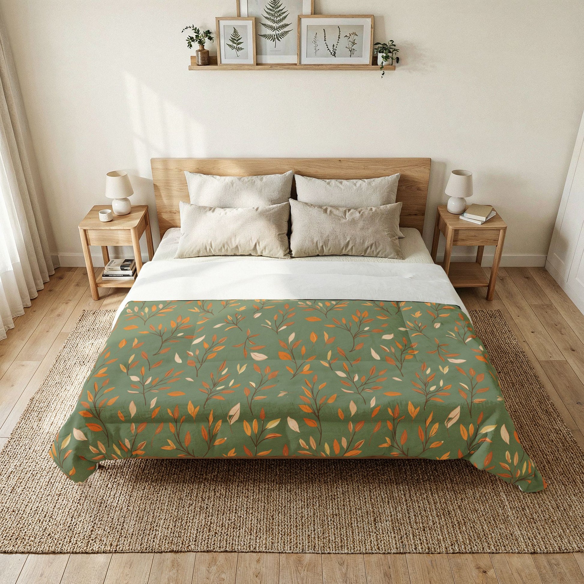 Bedroom with a wooden bed, plaid blanket, and side tables.