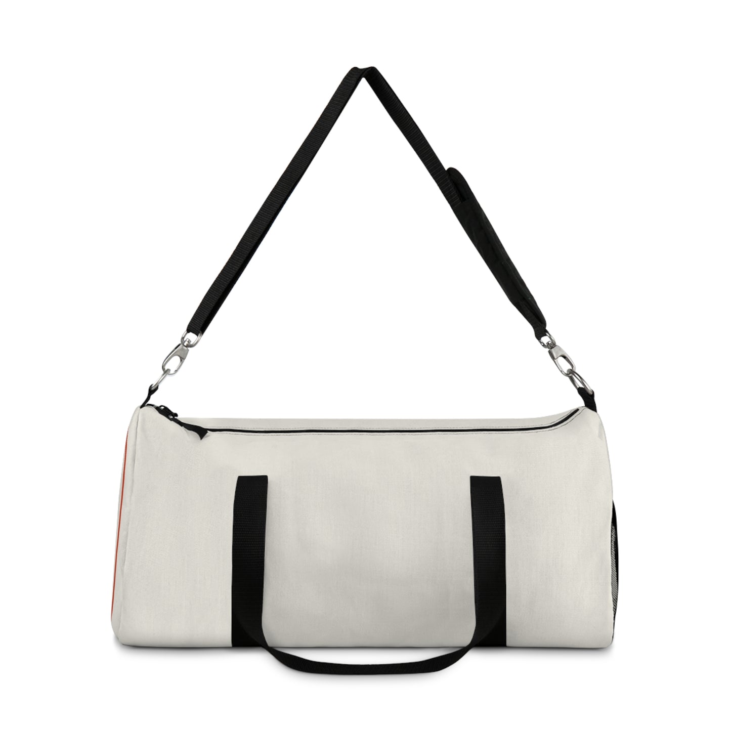White duffel bag with black straps on a white background