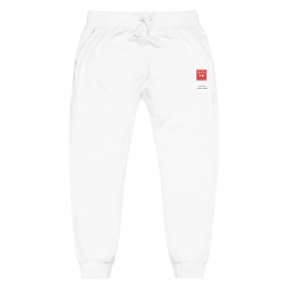 White sweatpants with a red and black logo on a white background