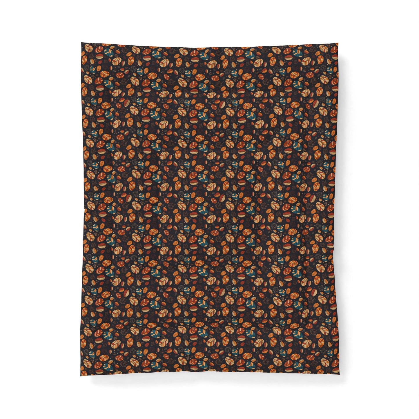 A rectangular fabric item, likely a blanket or towel, featuring a dense all-over floral pattern in orange, teal, and cream on a dark brown background, shown flat against a white backdrop.