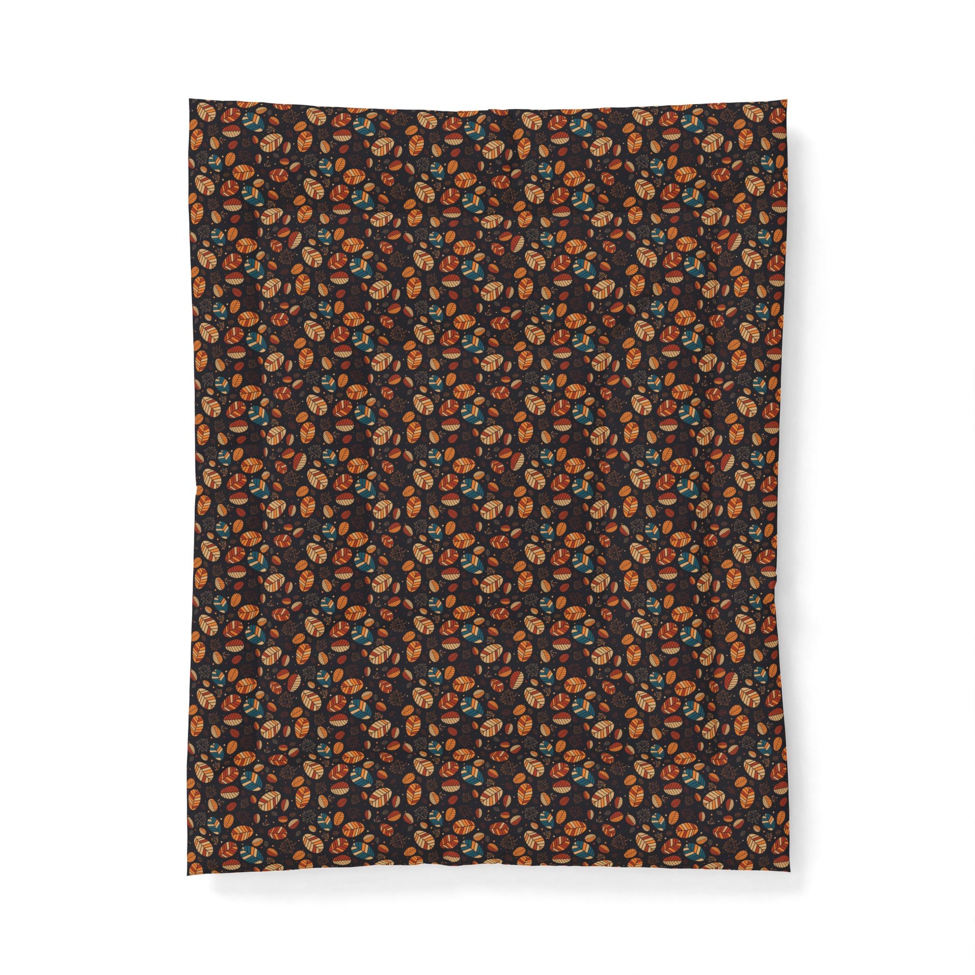A rectangular fabric item, likely a blanket or towel, featuring a dense all-over floral pattern in orange, teal, and cream on a dark brown background, shown flat against a white backdrop.