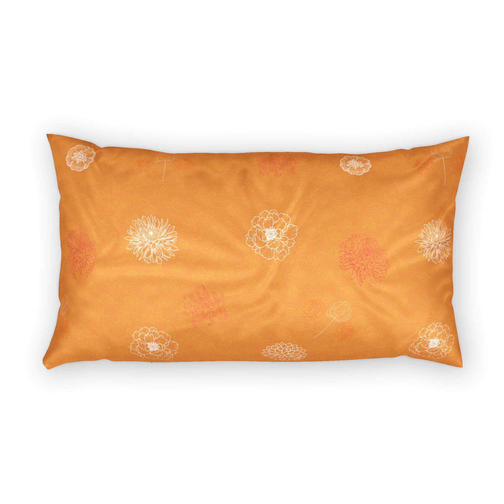 An orange rectangular lumbar pillow featuring a white and light orange floral pattern, displayed against a clean white background.