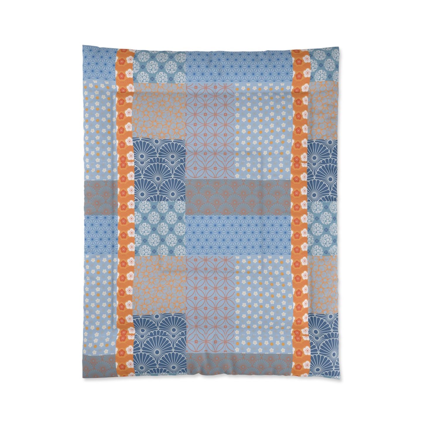 Patterned fabric with geometric designs in blue, orange, and gray on a white background