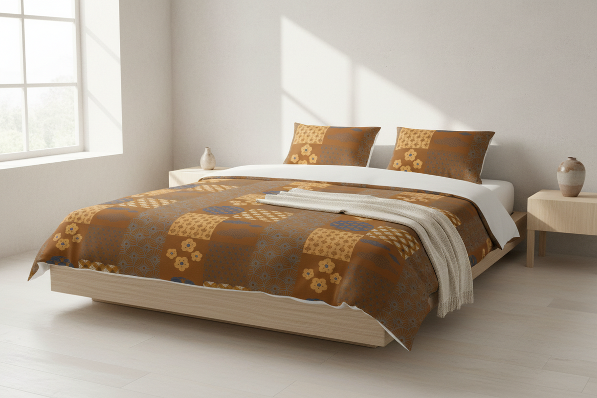 A bed dressed in a brown and gold patchwork-patterned duvet cover and matching pillowcases, styled in a bright, minimalist bedroom with light wood flooring and side tables.
