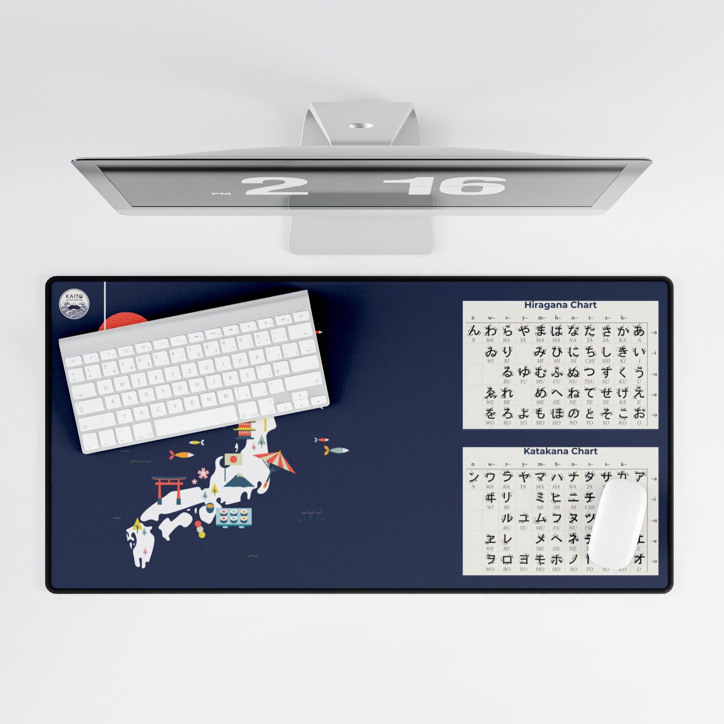 A colorful and large desk mat featuring a cute, illustrated map of Japan with iconic regional symbols like Mount Fuji, ramen, and shrines, perfect for a creative desk setup.