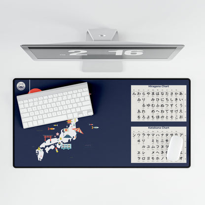 A colorful and large desk mat featuring a cute, illustrated map of Japan with iconic regional symbols like Mount Fuji, ramen, and shrines, perfect for a creative desk setup.