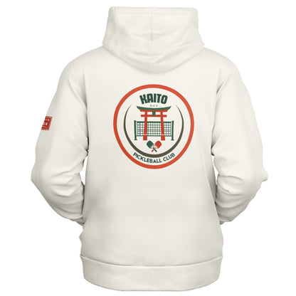 KAITO1977 Unisex Zip-Up Hoodie in a premium dark minimalist colorway featuring a clean Japanese stylized Pickleball Club crest on the back