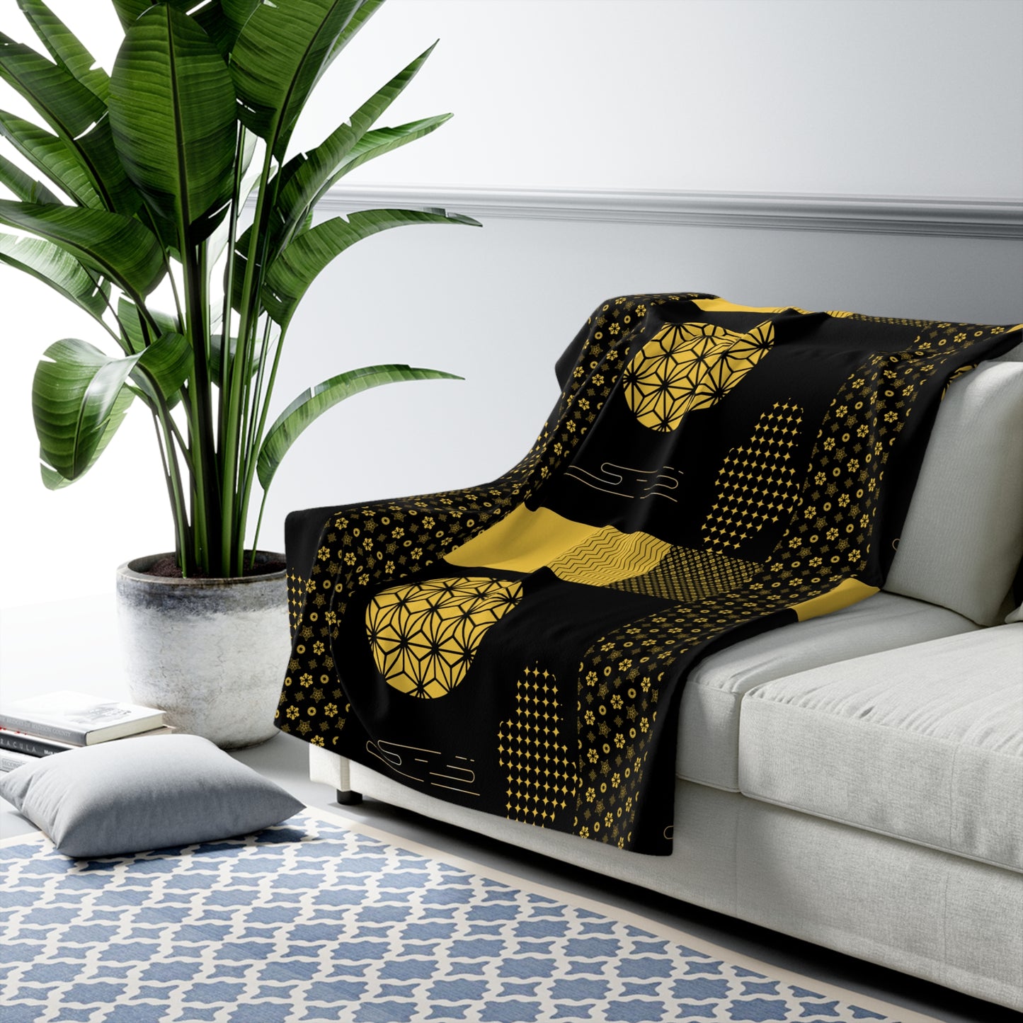 Gold and Black Asanoha Patchwork Sherpa Blanket | Traditional Japanese Pattern Heritage Fleece